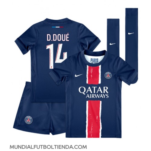 Camiseta Paris Saint-Germain Desire Doue #14 Primera Equipación Replica 2024-25 para niños mangas cortas (+ Pantalones cortos)